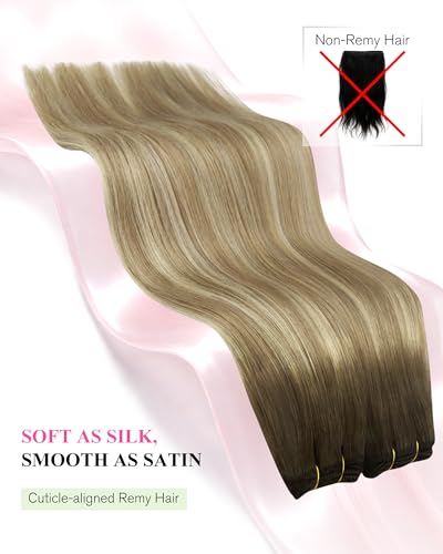 Image of YoungSee Human Hair Weft Extensions Ombre Sew in Extensions Balayage Weft Hair Extensions Human Hair Walnut Brown Ombre Light Brown with Blonde Balayage Hair Wefts Remy Hair 20 Inch 100g