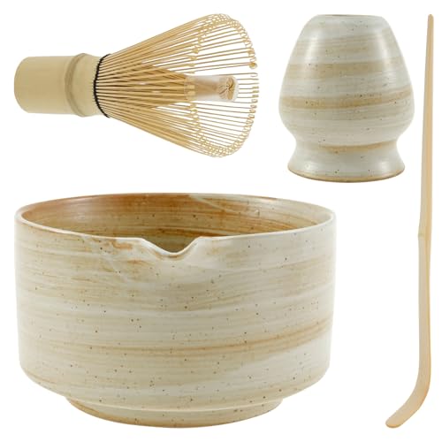Sesaver 4Pcs Matcha Whisk Set Japanese Matcha Tea Set with Ceramic Matcha Bowl and Whisk Holder, Bamboo Matcha Whisk and Bamboo Scoop, Reusable Manual Matcha Making Kit for Tea Lovers (Yellow)