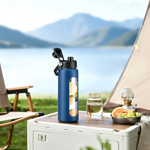 Image of 24 oz Glass Water Bottle with Straw - 2 Lids (Bamboo & Spout Lid), Motivational Borosilicate Glass Daily Water Intake Bottle with Time Marker, Silicone Sleeve for Gym Home Office-Navy Blue