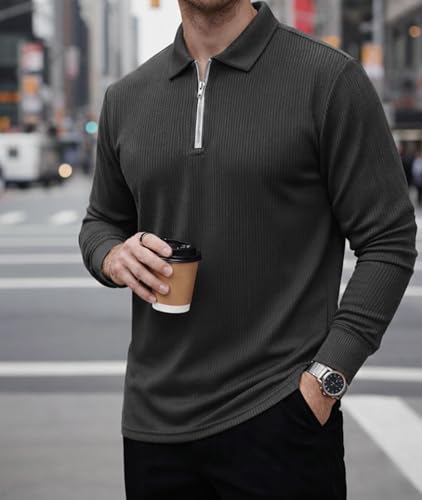Image of Mack Jonney Men's Premium Ribbed Half-Zip Polo T-Shirt | Long Sleeve Soft Stretch Fabric | Stylish Casual & Smart Wear Top-M6783