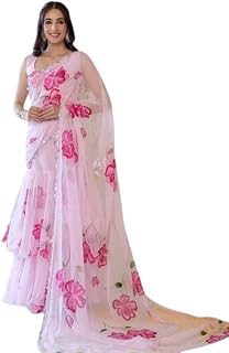 Kryvyn Women's Floral Printed Ruffle Saree with Blouse, Soft Georgette, Frill Border, Party BOLLYWOOD Wear, Pink Price In India