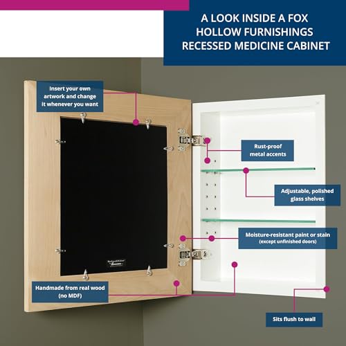 Image of 14x18 Concealed Picture Frame Medicine Cabinet without Mirror for Bathroom, Recessed in the Wall, Made in North America, Real Wood, NO MDF, Adjustable Shelves, Unfinished Raised Edge
