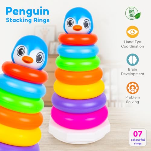 Image of RATNA'S Penguin Stacking Rings Big Plastic Stack Up Educational Toy Colorful 7 Rings Tower for Kids 1+ Years