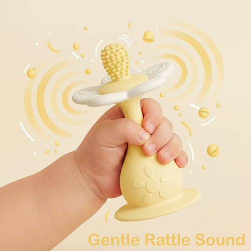 Image of Flower Teether Rattle, Silicone Baby Teething Toy 0-24M [Yellow] | 360 Multi-Texture, Nipple-Shaped End, Anti-Choking Design, Stand-Up Base, Baby Girl & Boy Teether, BPA-Free, Teething Relief