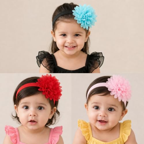 Image of Babymoon Set of 3 | Plain Flowers Soft Synthetic Hairbands for Baby Girls, Infants and Toddlers Headbands | Pink-Red-Yellow