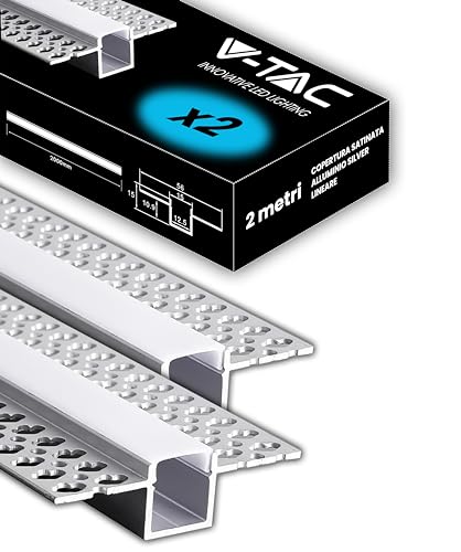 V-TAC 2x Profili per Strisce Led a Scomparsa da 2 METRI con Diffusore - (4 Metri Totali) - Profilo a Incasso da Parete e Soffitto per Striscia LED in Alluminio - Colore Argento - Misure 55 x 15 mm