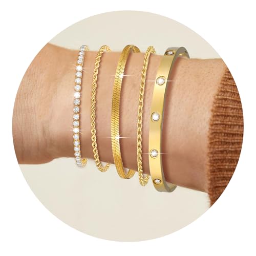 5Pcs Gold Bracelets for Women Trendy,Dainty 14K Real Gold Plated Jewelry Sets for Women,Waterproof,Thin Small Cute Chain Bracelets,Fashion Accessories Jewelry Gifts for Women Adjustable 7"+2"2