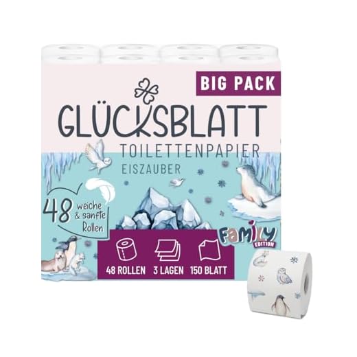 Glücksblatt Toilettenpapier mit bedruckten Motiven, 3-lagig, 48 Rollen x 150 Blatt, 100% Zellstoff, superweiches Klopapier, WC Papier, Verpackung aus mind. 30% PCR