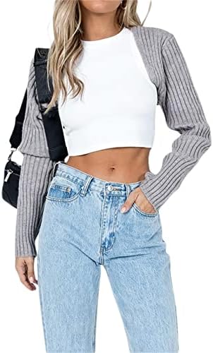 Mylleure Y2K Crochet Shrug Sweater Knit Long Sleeve Crop Tops Bolero Cardigan Cover Ups Solid Color Rib Knitted Streetwear J Grey