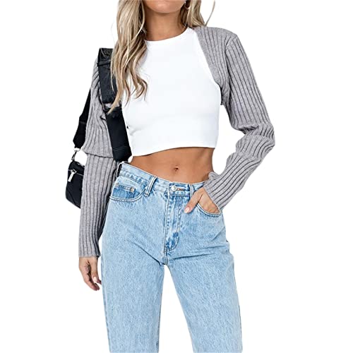 Mylleure Y2K Crochet Shrug Sweater Knit Long Sleeve Crop Tops Bolero Cardigan Cover Ups Solid Color Rib Knitted Streetwear J Grey #TOP3