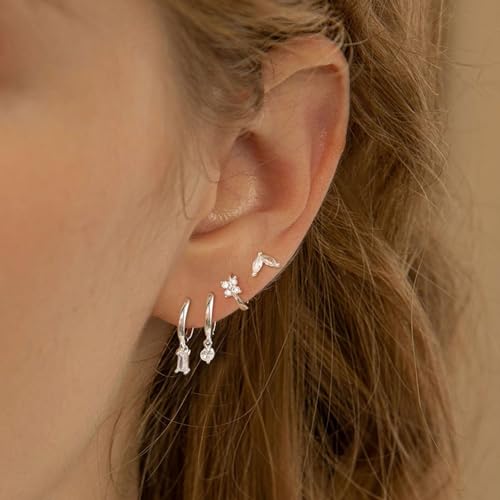 Silver Earrings Set for Women, Dainty Huggie Hoop Earrings 14k Gold/Silver Plated Lightweight Cartilage Earrings Trendy Hypoallergenic Silver Diamond Earrings Small Silver Hoop Earrings Set Silver Jewelry3