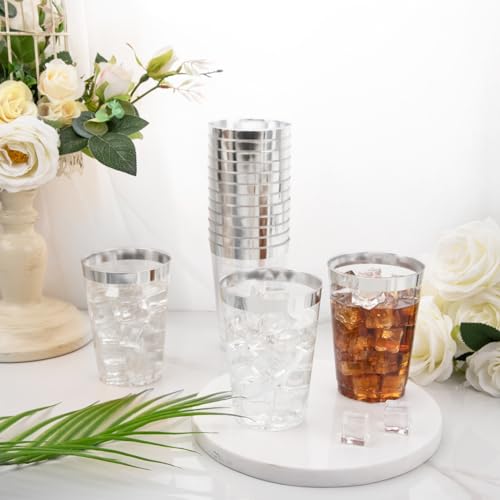 I00000 100 Pack 12 oz Silver Plastic Cups, Silver Rimmed Disposable Cups, Party Wine Glasses Cocktail Glasses Premium Cups with Silver Rim, 12 Ounce Plastic Tumblers For Party