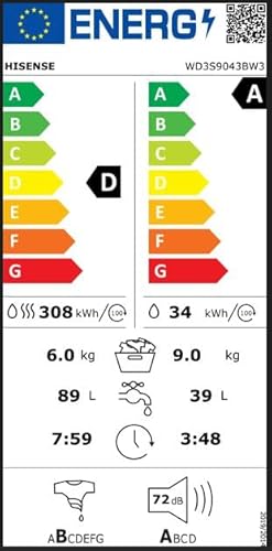 Hisense WD3S9043BW3 Waschtrockner /9 KG /1400 U-Min/ConnectLife /15 Programme/Auto Wash/Pure Steam/Nachladefunktion/Wash&Dry 60’ /Selbstdiagnose/Weiß