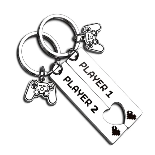 JEKUGOT 2-Piece Couples KeyRings - Heart-Shaped Silver Keychain Gifts for Boyfriend, Girlfriend, Gamer Couple, Anniversary, Valentine's Day