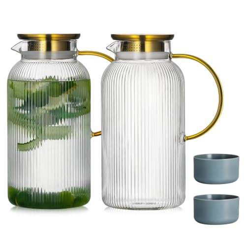 Buaic 2 PACK Glass Pitcher with Lid, 68 oz Glass Carafe with Silicone Base