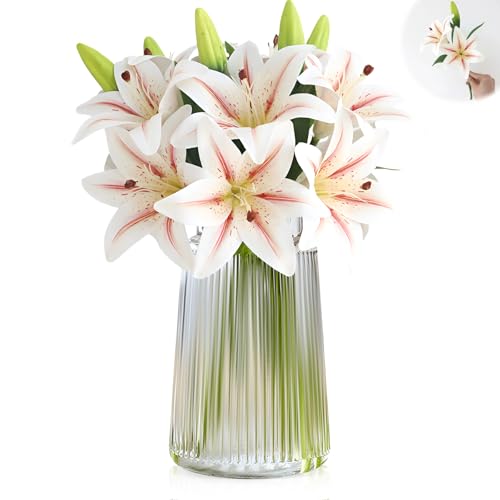 Dinhauyon 6pcs Fleur de lys Artificiel, Fleurs artificielles décoratives, réaliste Blanc et Rose Tige Courte Faux Tigre lys, pour Le Bureau à Domicile Mariage...