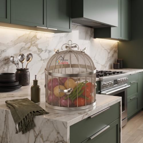 Image of Decorative Insect-Resistant Fruit and Vegetables Basket with Lid | Countertop Mesh (Jaali) Design Fruit Storage Basket for Kitchen, Dining Table, Living Room (Silver, Design 3)