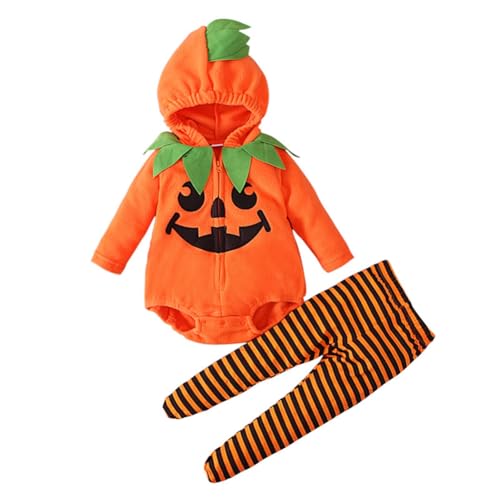 Miyanuby Newborn Baby Boy Girl Halloween Pumpkin Costume Toddler Cute Hooded Romper Pumpkins Cosplay Tops+Striped Pants Infant Clothes Outfit