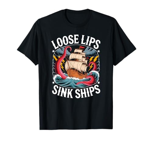Loose Lips Sink Ships Pirate Octopus Vintage Graphic T�V���c