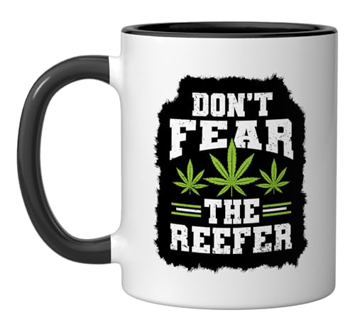 Funny Smoking Marijuana Don't Fear Reefer Cannabis Weed Pun Ceramic Mug, Black/White