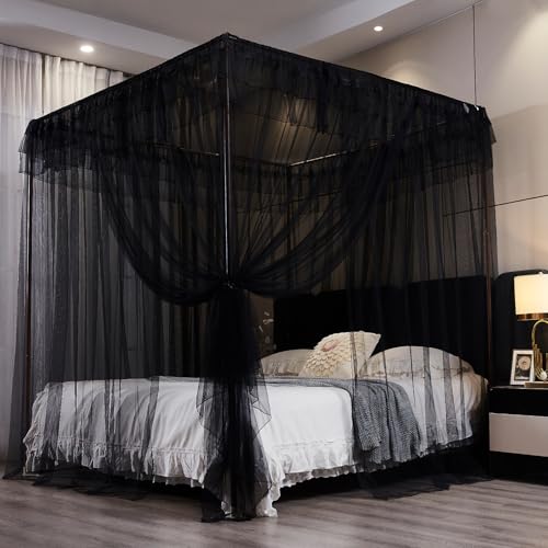 Kertnic Black Canopy Bed Curtains for Girls & Adults, Queen King Bed Canopy Drapes Netting, Practical Mosquito Net for Bed (King- 86" W*78" L*82" H)