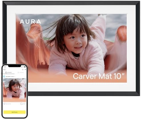 Aura Carver Intelligent Digital Photo Frame, 10.1 Inch HD WiFi Cloud Digital Photo Frame, Free Unlimited Storage, Send Photos from Anywhere - Gravel with White Mat