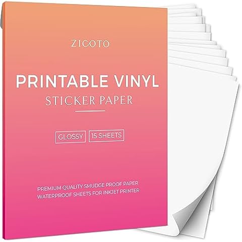 ZICOTO Premium Printable Vinyl Sticker Paper - Glossy White 8.5 x 11 inch Sheets for Your Inkjet Or Laser Printer - 15 Waterproof Decal Paper Sheets Dry Quickly and Hold Ink Beautifully Cover