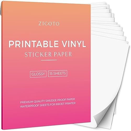 Printable Vinyl Sticker Paper - Glossy White 8.5 x 11 for Inkjet Or Laser