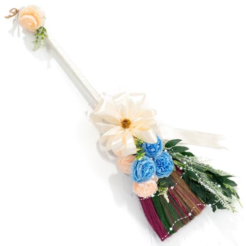 TTS For Home - Elegant Wedding Brooms Bride Bridegroom Jumping The Broom for Wedding Natural Whisk Broom with Ribbons Artificial Pearl Leaves Roses for Decorative