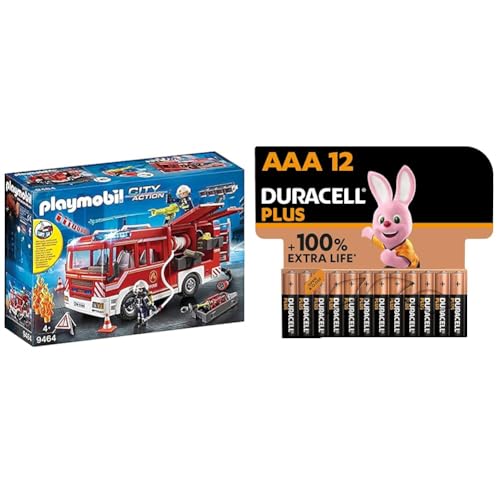 PLAYMOBIL City Action 9464 Vehículo de Rescate contra Incendios con Luces y Sonido, a Partir de 5 años + Pilas alcalinas Duracell Plus AAA, Paquete de 12