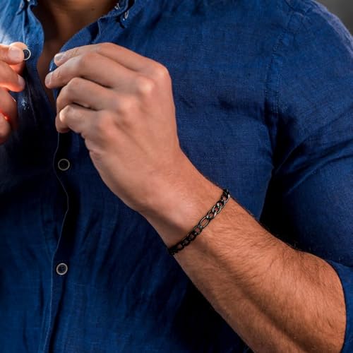 IEFLIFE Bracelet Gifts for Men Him - Silver/Black Stainless Steel Figaro Chain Bracelet Gifts for Son Grandson, Fathers Day Anniversary Birthday Gift for Men Husband, 7mm Width Bracelets Jewelry Gift2