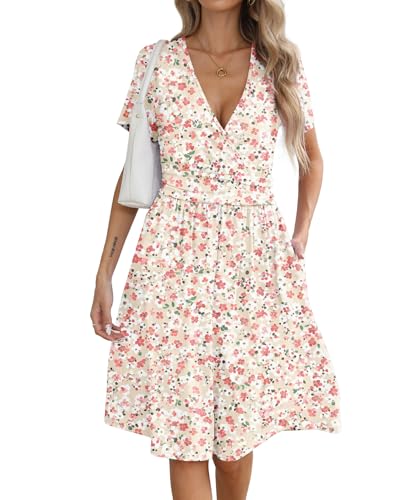 Image of KUOTAI Women's Summer Short Sleeve Casual Dresses Wrap V Neck Beach Outfits Party Flowy Dress with Pockets, Pink White Flo, XX-Large