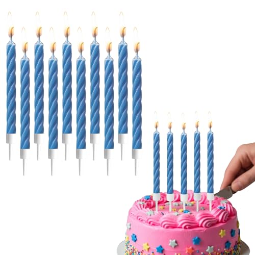 AEX Pack of 10 Blue Birthday Candles with Holders | Spiral Cake Candles for Cakes | Non-Toxic Wax Birthday Cake Candle Set | Party Candles for Birthday, Anniversary & Celebration Cakes