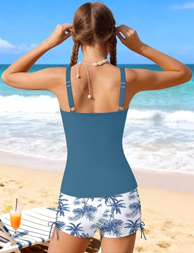 Image of Girls Tankini Swimsuit 2 Piece Bathing Suit Twist Cross Back Cutout Swim Tank Top Floral Print Swimwear for 7-18Y