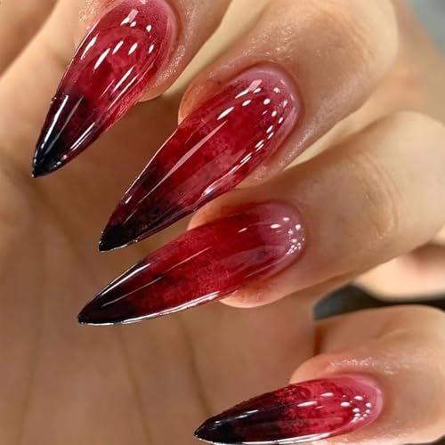 Horror Gothic Press on Nails Long Pointed Halloween Fake Nails Bloody Drop Scary Design Acrylic False Nails Stiletto Full Cover Glue on Nails for Women Halloween Nail Decorations Goth Nails Kit 24Pcs
