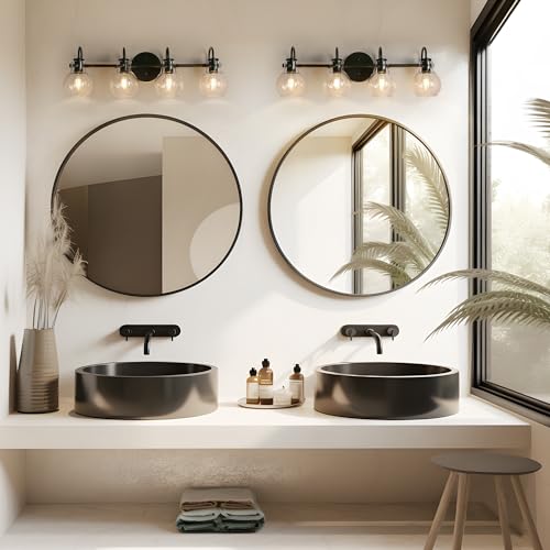 Image of KSANA Black Bathroom Light Fixtures, 4-Light Modern Farmhouse Black Vanity Lights with Clear Glass Shade Over Mirror for Hallway, Kitchen, Bedroom, and Living Room