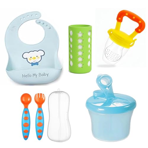 Image of Safe-O-Kid Baby Travel Feeding Combo | 1 Silicone Bib, 1 Fruit Feeder, 1 Spoon & Fork Set with 1 Food Storage Case & 1 Baby Feeding Bottle Cover | BPA-Free Feeding Essentials for Babies - Assorted
