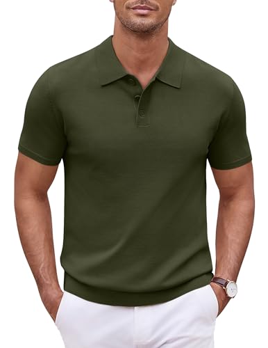 COOFANDY Herren Strick Poloshirts Kurzarm Casual Männer Knopfleiste Polo T-Shirt Einfarbig Polohemd Golf Shirts Armeegrün L