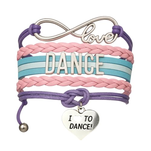 Sportybella Dance Accessories – Love Infinity Bracelet for Girls, Teens – Adjustable Pink, Purple, Teal, and Light Blue Braided Leather with Dance Letter Bar and Heart Charm – Gift for Dancers