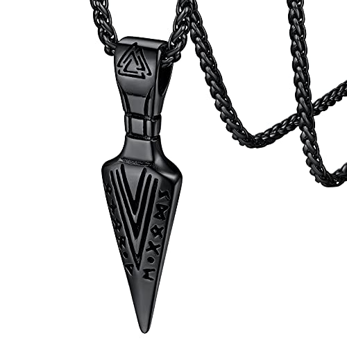 FaithHeart Collar Negro Vikingo punta de flecha Acero Inoxidable 316L collar hombre Nórdico Letras Runas Joyería Religiosa Mitología Trinidad Valknut
