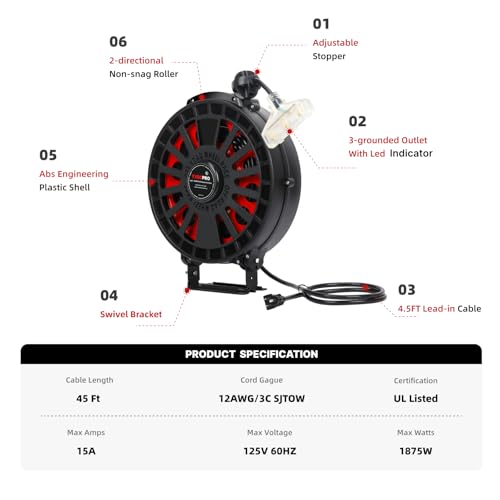Txecpro 12 Gauge Retractable Extension Cord Reel thumb #8