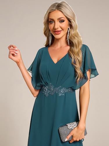 Image of Ever-Pretty Women's Formal Dress A Line V Neck Applique Waist Tea Length Wedding Guest Dress 02027