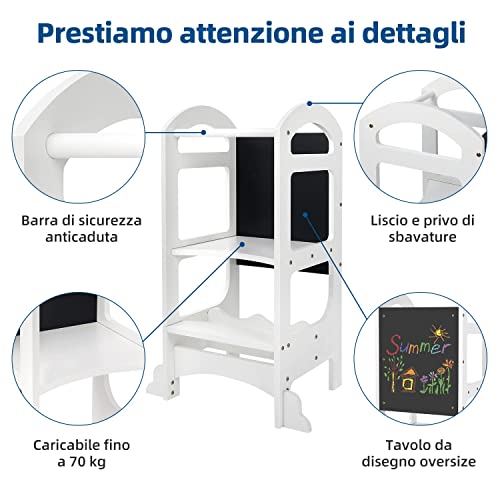 Ezebaby Torre de Aprendizaj Transformable, Torre Montessori de Madera para bebés, Taburete de Cocina para Niños, Convertible en Mesa y Silla Infantil, Learning Tower con Pizarra Negra, 2 en 1