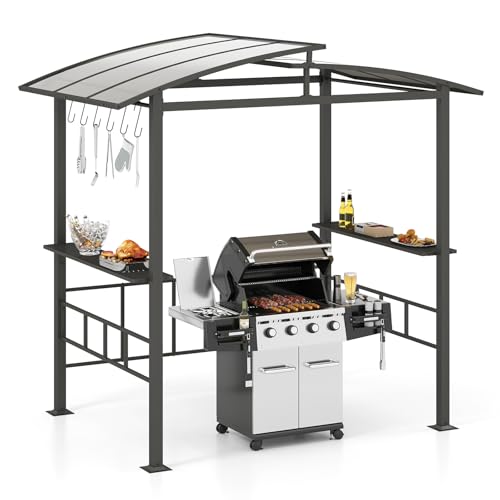 COSTWAY Grillpavillon Outdoor, Grillüberdachung mit Seitenregalen, Überdachung für Grill, Gartenpavillon Metall PC, BBQ Pavillon für Hinterhof, Rasen, Terrasse, Pool, 248 x 150 x 232 cm, Schwarz