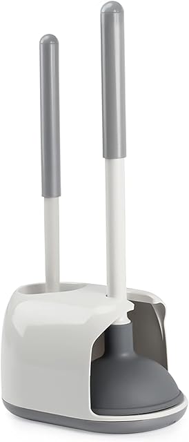 TreeLen Toilet Plungers for Unblocking, Plunger and Toilet Brush Combo Set with Caddy for Bathroom Cleaning, White/Grey, 1 Pack