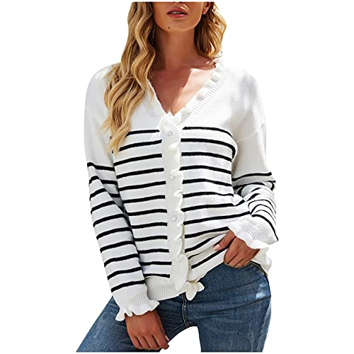 Risaho Damen Strickjacke Lang Cardigan Langarm Dünne Casual Strickmantel V Ausschnitt mit Taschen und Knopf Leicht Mantel Herbst Outerwear Long Strickjacke Damen Cover