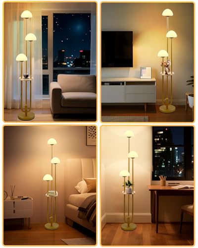 Image of Gold Dimmable Floor Lamp with Table, Modern Floor Lamps with Mushroom Shades for Living Room, 3000K Warm White Tall Standing Lamp with Bulbs& 5Lbs Heavy Base for Bedroom /Office