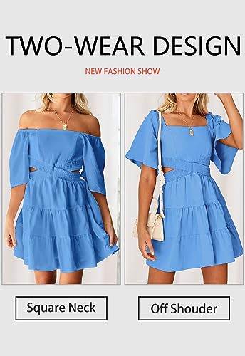 Image of OWNGIGI Women's Summer Dresses Square Neck Short Sleeve Cutout Crossover Elastic Waist Casual Party A-Line Mini Dress