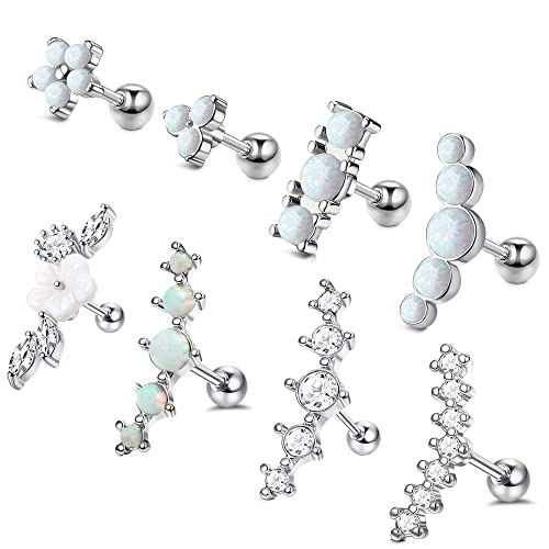 Jerywe 8Pcs 16G Stainless Steel Cartilage Stud Earring For Women Men Flower Opal Cz Helix Conch Daith Tragus Ear Piercing Earrings Jewelry Women Body Piercing Studs #TOP22