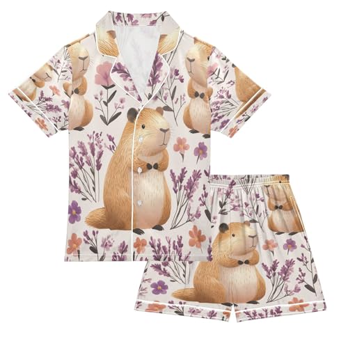 Satin Pajama Sets Short Sleeve Cute Hamster Floral Background Button Down Silky Nightwear 2 Piece PJS 5-14Y